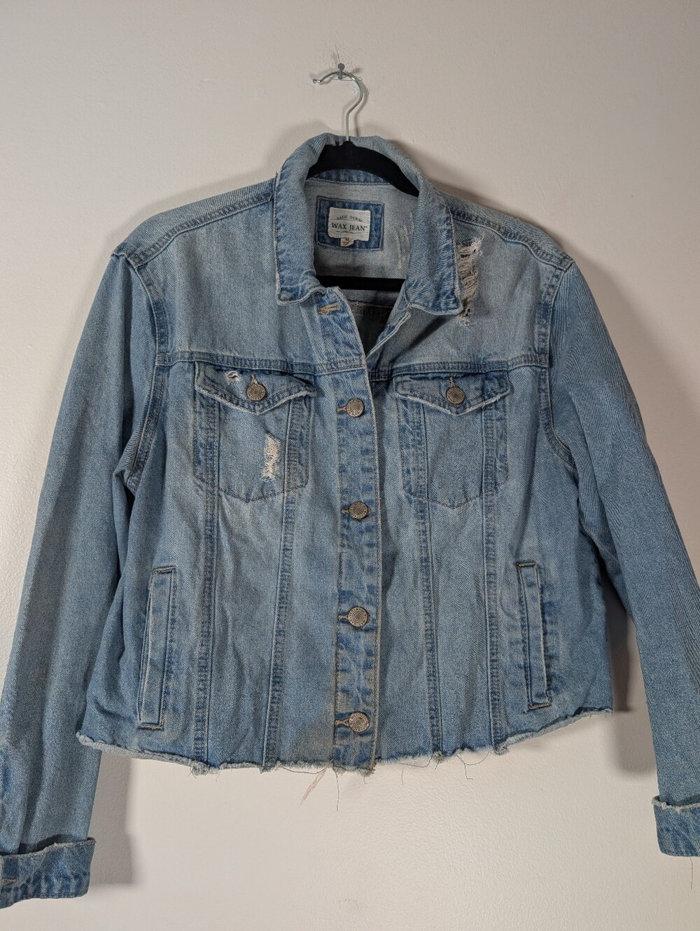 Wax Jean Light Blue Cropped Distressed Denim Jacket - Picture 6 of 7